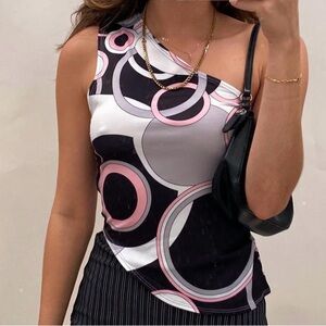 Black and Pink Asymmetrical One Shoulder
Abstract Crop Top